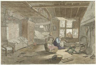 Interno con donna vicino alla culla da Cornelis Ploos van Amstel (signed by artist)