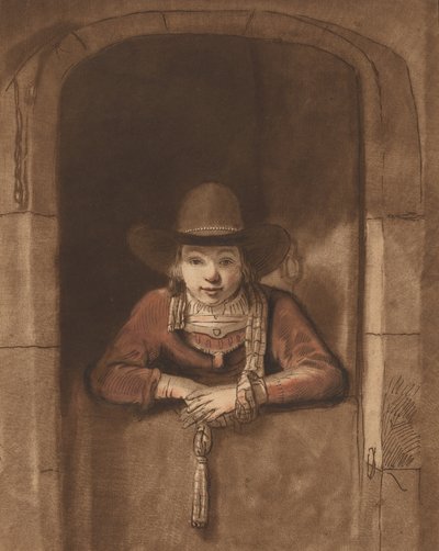 Ragazzo che si sporge su una porta bassa, 1763, pubblicato 1765 da Cornelis Ploos van Amstel