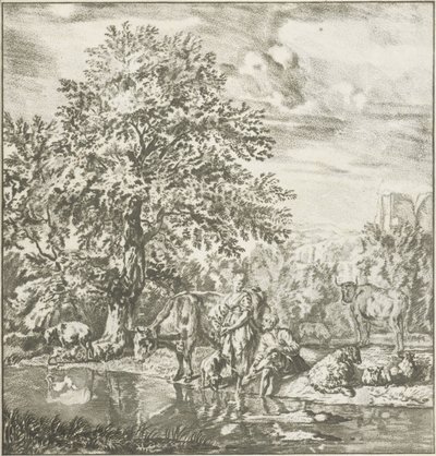 Pastore e pastorella con gregge presso un fiume da Cornelis Ploos van Amstel