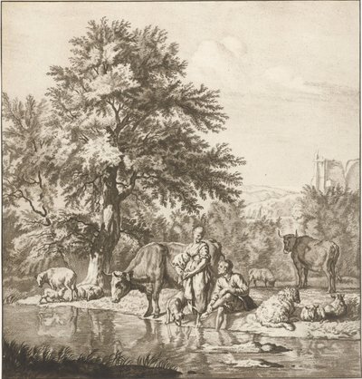 Pastore e pastorella con gregge vicino a un fiume (serie di stampe) da Cornelis Ploos van Amstel