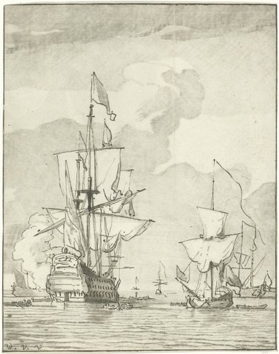 Nave da guerra che spara un colpo da Cornelis Ploos van Amstel