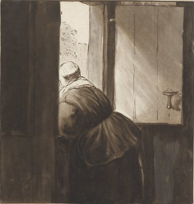 Donna appoggiata a una porta inferiore da Cornelis Ploos van Amstel