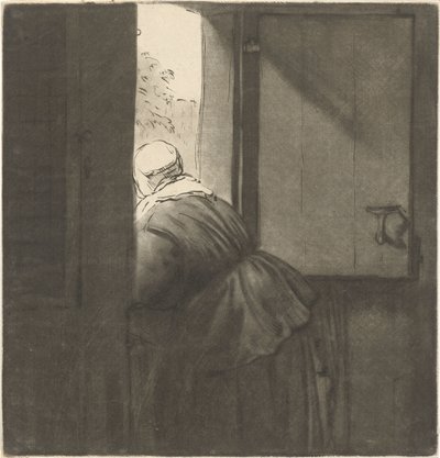 Donna appoggiata a una porta inferiore da Cornelis Ploos van Amstel