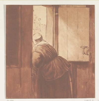Donna appoggiata a una porta inferiore da Cornelis Ploos van Amstel