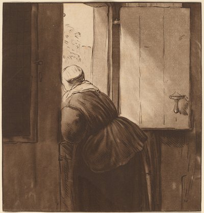 Donna che si sporge su una porta bassa da Cornelis Ploos van Amstel