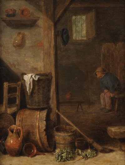 Un interno di cucina con una figura seduta nella stanza adiacente da Cornelis Saftleven