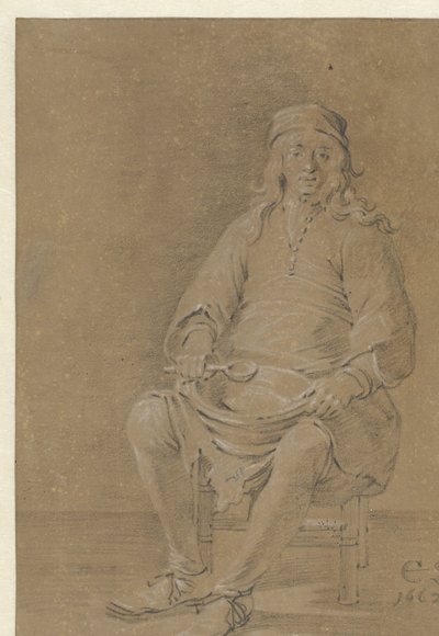 Uomo seduto con una ciotola in grembo da Cornelis Saftleven