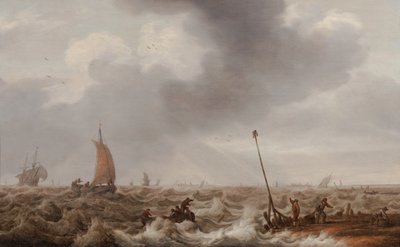 Navigazione in Mari Mossi Lungo la Costa con un Molo, Faro e una Città in Lontananza, c.1600-55 da Cornelis Stooter
