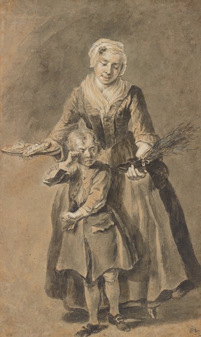 Una donna che mostra a un ragazzo piangente la sua scarpa di interruttori da Cornelis Troost