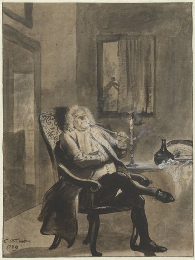 Uomo seduto che fuma una pipa alla luce di una candela mentre le case fuori sono in fiamme da Cornelis Troost