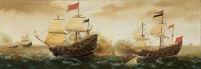 Uno scontro navale tra navi da guerra olandesi e spagnole da Cornelis Verbeeck