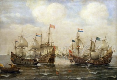 Uno scontro tra spagnoli e olandesi, intorno al 1630, ogni barca ha la sua bandiera, e sulla sinistra, una barca porta la bandiera degli Stati Generali olandesi da Cornelis Verbeeck