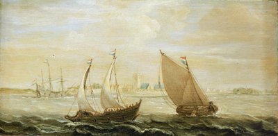 Uno yacht e una piccola nave a vela olandese, al largo della costa di un porto nello Zuiderzee da Cornelis Verbeeck