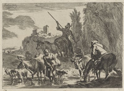 Pastori con bestiame che attraversano un ruscello (Paesaggi) da Cornelis Visscher (II)