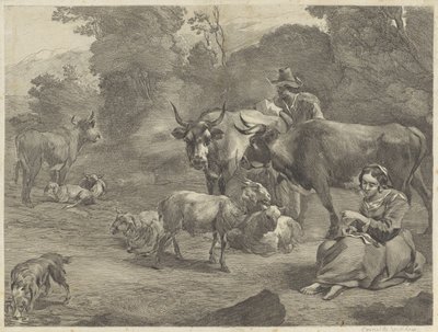 Paesaggio con un pastore e una pastorella che cuce da Cornelis Visscher (II)