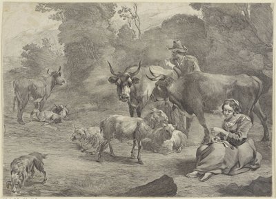 Paesaggio con un pastore e una pastorella che cuce da Cornelis Visscher (II)