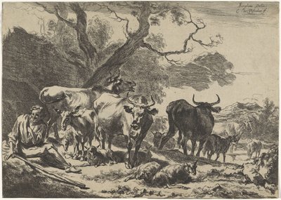 Vecchio pastore riposante con il suo gregge da Cornelis Visscher (II)