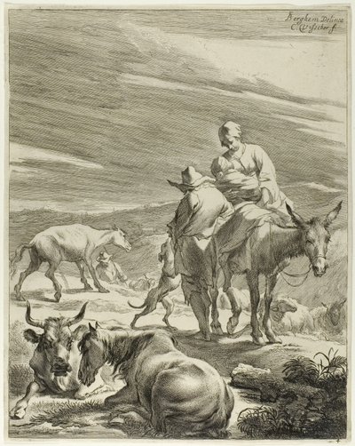 Una madre e un bambino inghirlandato che cavalcano un asino, tavola 4 da Quattro paesaggi da Cornelis Visscher