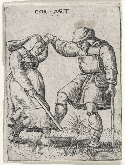 Un uomo con un piede bendato che balla con una donna, 1572 (incisione su carta) da Cornelis after Massys