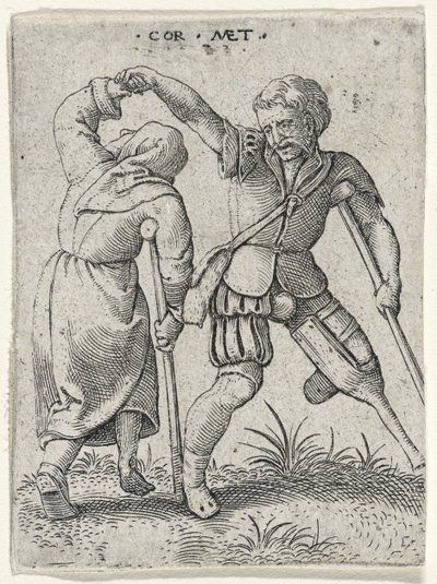 Un uomo con una gamba di legno che fa girare una donna zoppa sotto il suo braccio, 1572 (incisione su carta) da Cornelis after Massys