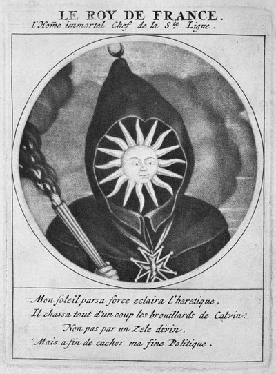 Caricatura protestante del re Luigi XIV, illustrazione da Les Heros de La Ligue ou La Procession monacale, conduite par Louis XIV, pour la conversion des protestants de son royaume, Parigi da Cornelis and Gole, Jacob Dusart