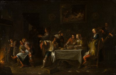 Signore e signori che banchettano intorno a un tavolo da Cornelis de (attr. to) Wael