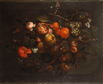 Un bouquet di frutta e fiori appeso a un chiodo in una nicchia da Cornelis de Heem