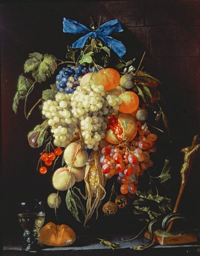 Bouquet di frutta con simboli eucaristici su un ripiano sottostante da Cornelis de Heem