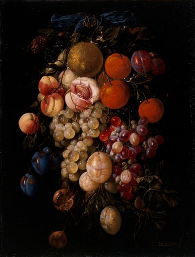 Natura morta di uva, ciliegie e prugne appese a un chiodo con un nastro blu da Cornelis de Heem