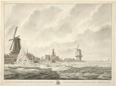 Vista del ghiaccio che si accumula contro il parapetto dietro il mulino a vento di Gorinchem, 20 febbraio 1799 da Cornelis de Jonker