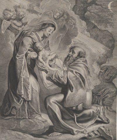 La visione di San Francesco, inginocchiato a destra, che riceve il Bambino Gesù dalla Vergine..., 1650 da Cornelis de Visscher