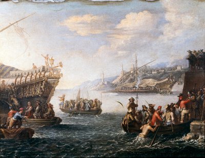 Soldati che si imbarcano per combattere i Turchi nel porto di Genova da Cornelis de Wael