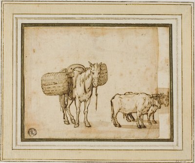 Due schizzi: Mulo che trasporta cesti, coppia di buoi aggiogati da Cornelis de Wael