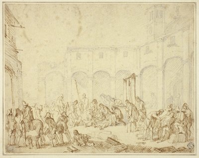Soldati feriti nel cortile della piazza della città da Cornelis de Wael