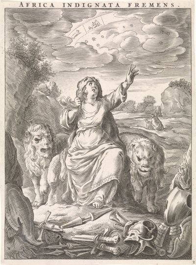 Personificazione femminile del continente Africa come donna con pelle di leone seduta tra leoni da Cornelis van Dalen (II)