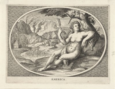 Personificazione femminile del continente America come donna con copricapo di piume e freccia in un paesaggio da Cornelis van Dalen (II)