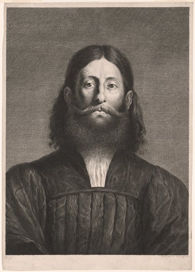 Ritratto di uomo barbuto (cosiddetto ritratto di Giorgione), da Cabinet Reynst; Variarum imaginum a celeberrimis artificibus pictarum Caelaturae (Cabinet Reynst: Incisioni di varie immagini dipinte da artisti famosi) da Cornelis van Dalen II