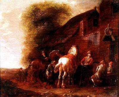 Cavalieri fuori da una locanda di un villaggio da Cornelis van Essen