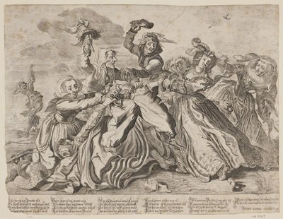 Sette donne che litigano per un paio di pantaloni da uomo da Cornelis van Kittensteyn
