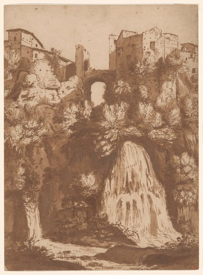 Veduta di Tivoli con il ponte sulla cascata dell
