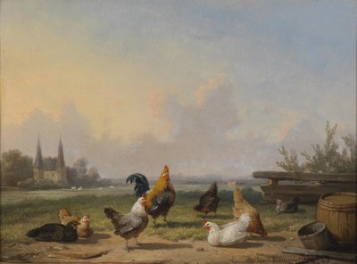 Galline davanti a un ampio paesaggio da Cornelius Van Leemputten