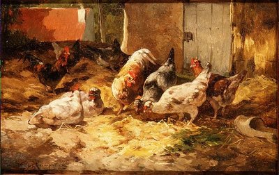 Polli in un Fienile da Cornelius van Leeputten