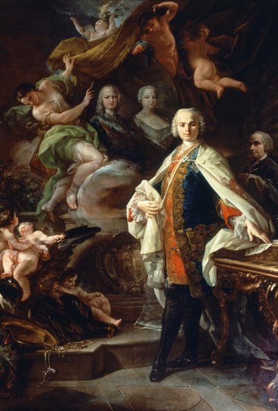 Il castrato italiano Carlo Farinelli (Carlo Broschi, detto; 1705 - 1782), alla corte di Filippo II di Spagna, indossando il mantello bianco dell