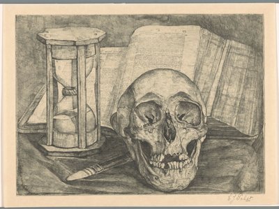 Natura morta con un teschio, una clessidra, un libro e un coltello da Corrie Pabst (signed by artist)