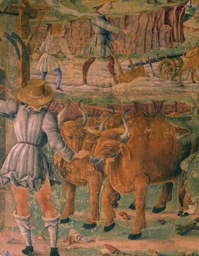 Scene di vita campestre, dettaglio dal Trionfo di Cerere, scena del Mese di Agosto, attribuito a Cosimo Tura e Maestro di Ercole, affresco, parete nord, Sala dei Mesi, Palazzo Schifanoia, Ferrara, Italia, circa 1470 da Cosimo (attr. to) Tura