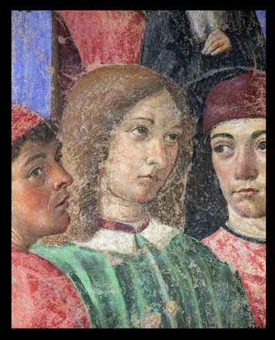 Processione del Vescovo davanti alla Chiesa di S. Ambrogio, dettaglio di Poliziano, Pico della Mirandola e Marsilio Ficino da Cosimo Rosselli
