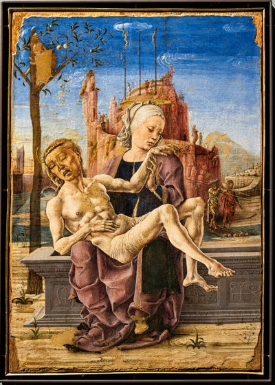 Compianto, di Cosmè Tura, c.1460. Nella parte superiore sinistra del dipinto, una scimmia è mostrata aggrappata ai rami di un melo. È un