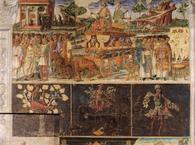 Trionfo di Giove e Cibele e Segno del Leone, scene dal Mese di Luglio, affresco, parete nord, Sala dei Mesi, Palazzo Schifanoia, Ferrara, Italia, circa 1470 da Cosimo Tura