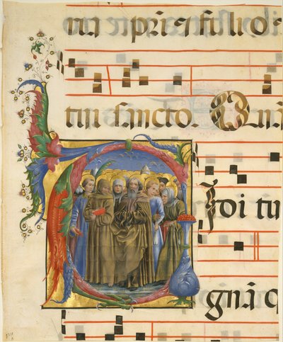 Miniatura manoscritta con Tutti i Santi in una V iniziale, da un Antifonario da Cosmè Tura