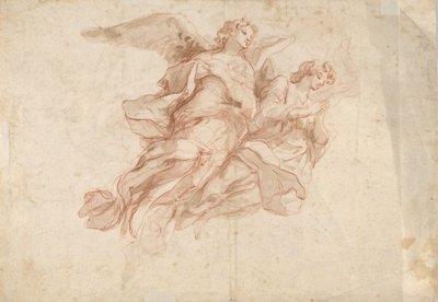 Due angeli volanti, verso: Dio Padre seduto sulle nuvole e uno schizzo di una figura volante da Cosmas Damian Asam